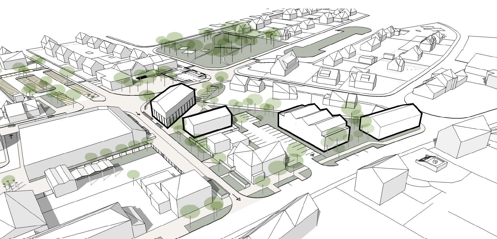 Vue axonométrique du centre-bourg d'Allaire : bâtiments projetés le long de la rue principale, parking central et espaces publics plantés