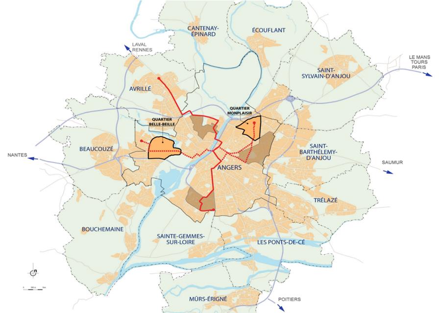 Carte d'Angers Loire Métropole localisant les quartiers de Monplaisir et de Belle-Beille au sein de l'agglomération