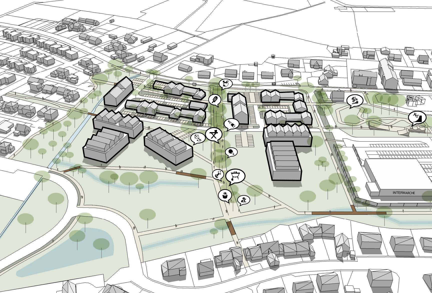 Plan masse axonométrique du centre-bourg d'Etrelles : nouveaux îlots de logements, coulée verte le long du ruisseau et liaisons douces vers les commerces