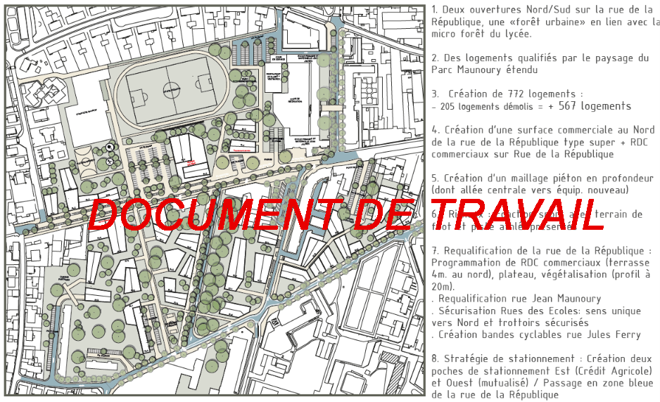 Plan guide du coeur de vie de Lucé : maillage piéton en profondeur, requalification de la rue de la République, création de logements et de surfaces commerciales, extension paysagère du parc Maunoury