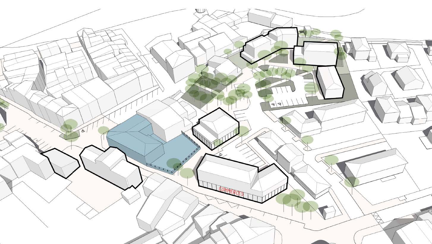 Vue axonométrique du centre-bourg du Pouget : salle des fêtes réhabilitée, nouveaux commerces en front de rue et bâtiments projetés