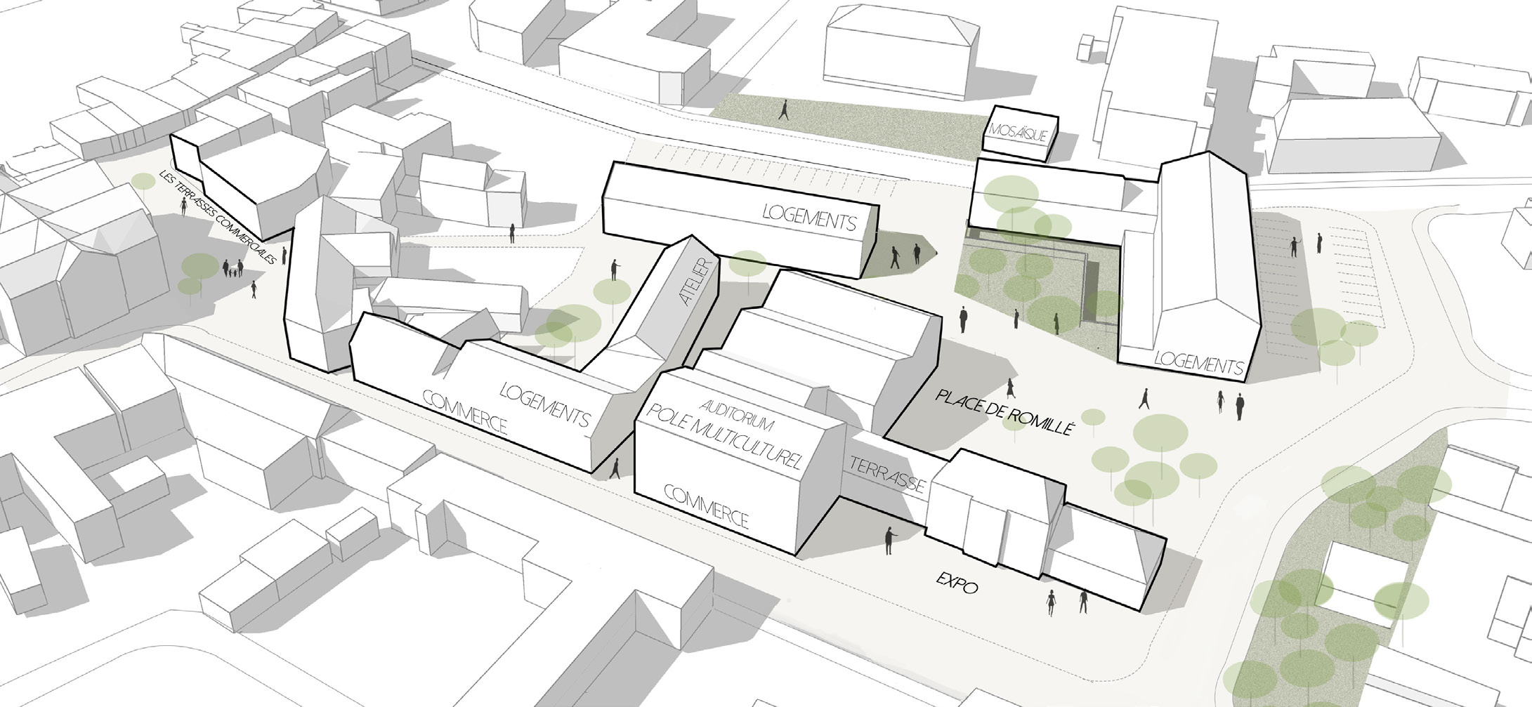 Vue axonométrique du secteur de l'Encrier à Romillé : place de village, pôle multiculturel avec auditorium, logements et commerces en rez-de-chaussée
